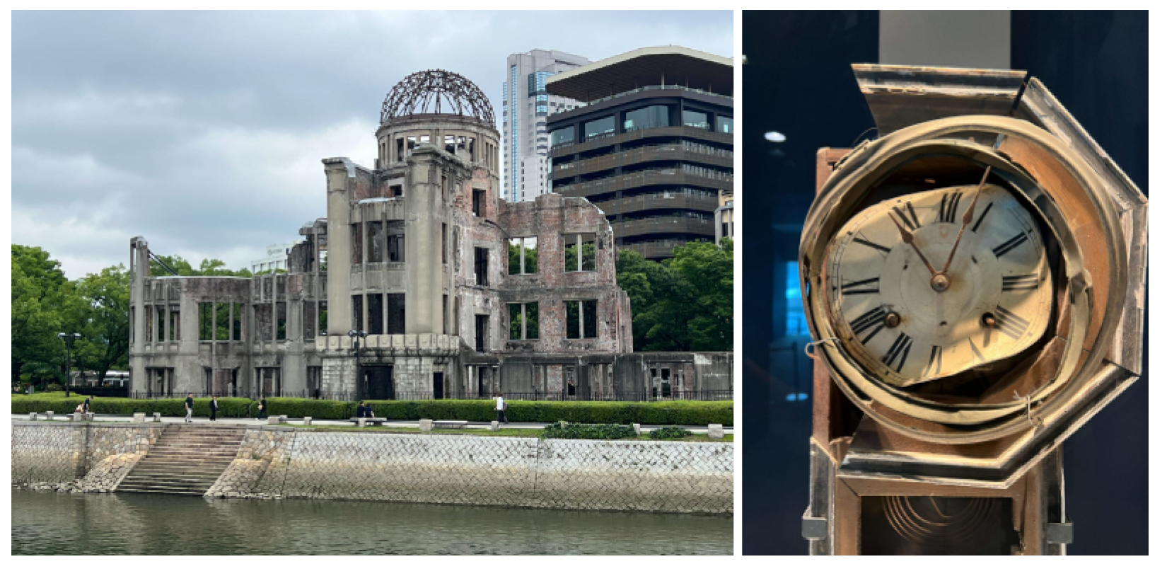 Parque Conmemorativo de la Paz de Hiroshima (izquierda) y reloj en el Museo Memorial de la Paz de Hiroshima (derecha). 